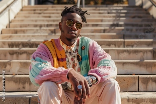Fototapeta young black man wearing a retro style jumper and shirt in pastel colors,grandpacore, sitting on university campus steps