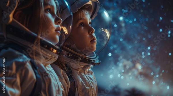 Fototapeta Two children dressed in astronaut costumes with helmets gaze into the starry sky, expressing wonder and curiosity, set against a dark, atmospheric background illuminated by a mystical glow.