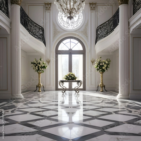 Fototapeta Luxury classic interior of a room with marble floor. 3d render