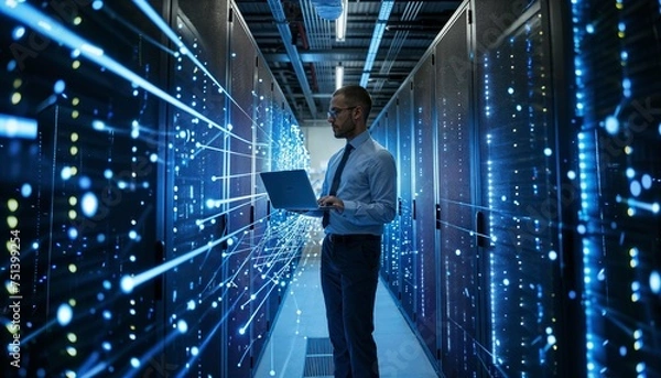 Obraz Futuristic data center operations: male it professional analyzing data streams in a high-tech server room environment