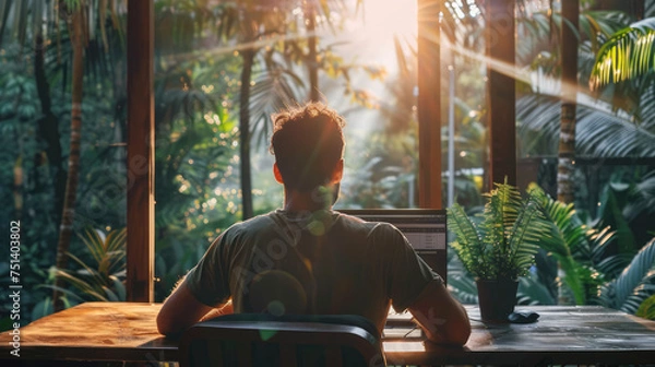Fototapeta A person sits in contemplation at a wooden desk, basking in the warm, tranquil sunlight filtering through a lush tropical forest.