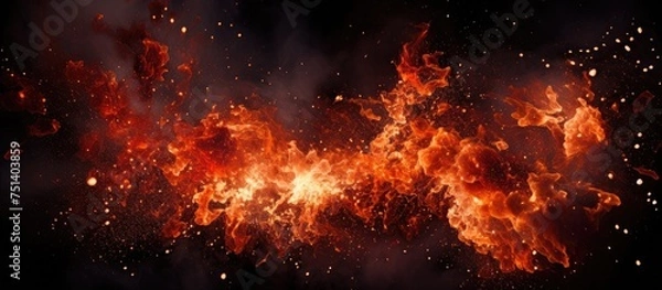 Fototapeta A raging fire with intense orange and red flames spreading rapidly, engulfing everything in its path. The fiery inferno illuminates the dark surroundings with its ferocious intensity.