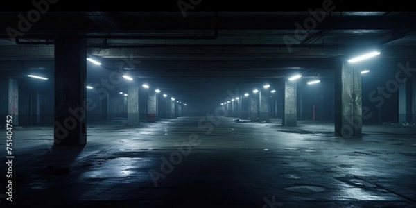 Fototapeta Midnight basement parking area or underpass alley. Wet, hazy asphalt with lights on sidewalls. crime, midnight activity concept.