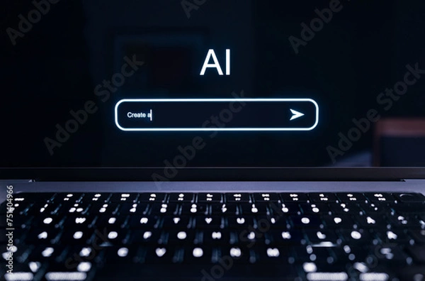 Fototapeta AI prompt in chat screen. Artificial intelligence in generative chatbot. Command to generate text or image with new tech. Digital robot technology in computer. Machine learning and virtual assistant.