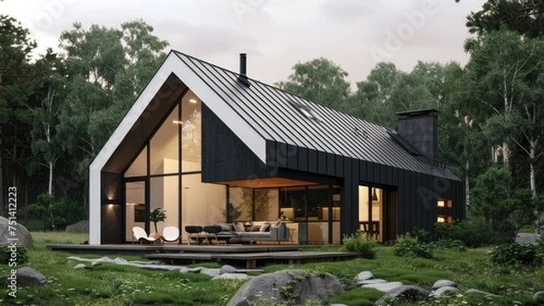 Fototapeta a house adorned in white-black colors, exuding the essence of Nordic style with its clean lines, minimalist design, and harmonious balance of light and dark elements.