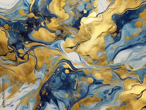 Obraz High resolution. Luxury abstract fluid art painting in alcohol ink technique, mixture of dark blue, gray and gold paints. Imitation of marble stone cut, glowing golden veins. Tender and dreamy design.
