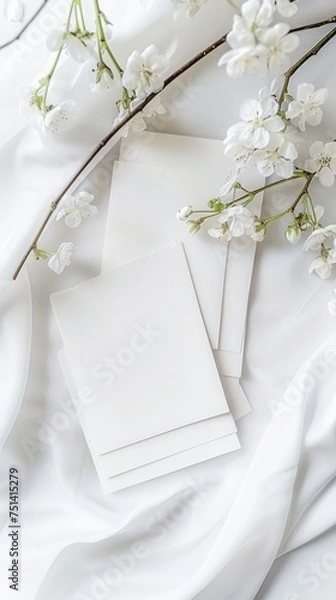 Fototapeta A Canvas of Spring: Delicate Flowers Frame Clean White Postcards in a Light and Airy Mockup