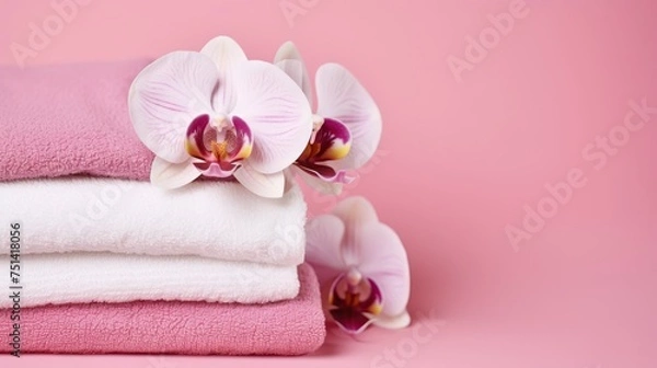 Fototapeta A Beautiful Orchid Enhancing the Calm of Folded Spa Towels on pink background