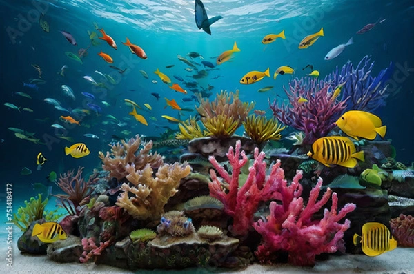 Fototapeta Underwater coral reef landscape with colorful fish. The concept of Earth Day.