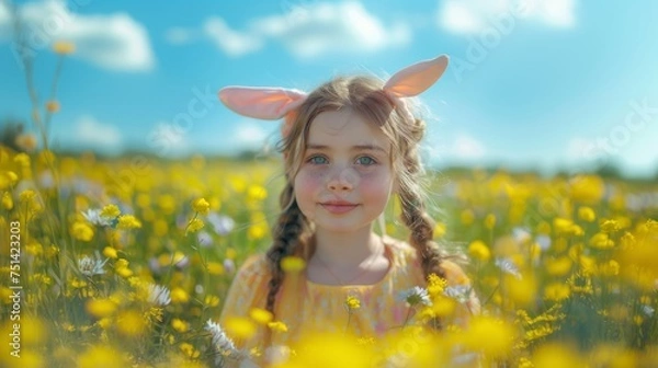 Fototapeta Happy easter. Girl wearing bunny ears wandering through green fields. Blue sky background. In bloom. Room for copy space.