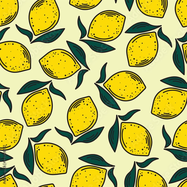 Obraz Seamless vector drawing with lemons and foliage. Hand drawn lemon fruits. Botanical print on fabric, textile, wrapping paper. Harvesting lemons.