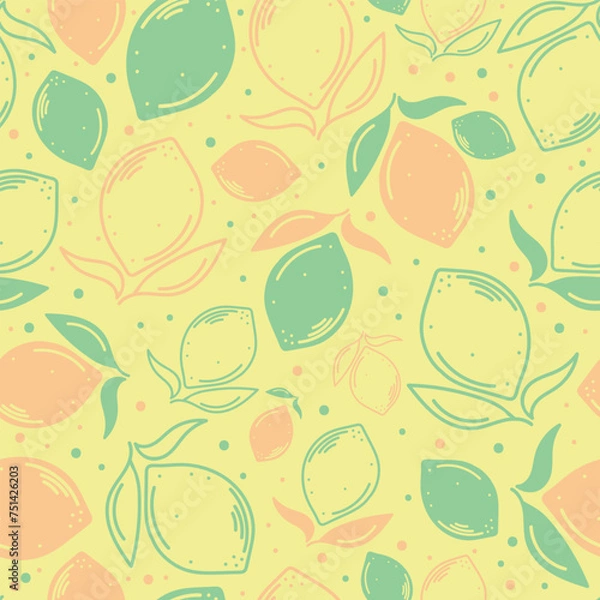 Obraz Seamless vector drawing with lemons and foliage. Hand drawn lemon fruits. Botanical print on fabric, textile, wrapping paper. Harvesting lemons.
