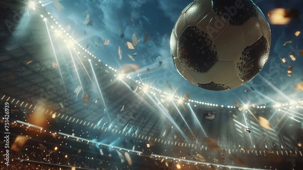 Fototapeta kickoff moment, stadium erupting, ball in flight, cinematic lighting