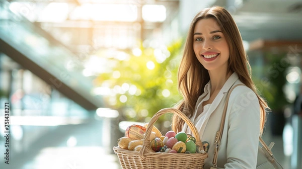Obraz A cheerful businesswoman carrying an Easter basket full of goodies for her coworkers is shown in a brightly lighted office foyer