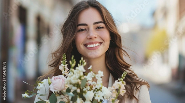 Obraz A cheerful businesswoman wearing elegant Easter attire, smiling confidently while holding a bouquet of spring flowers