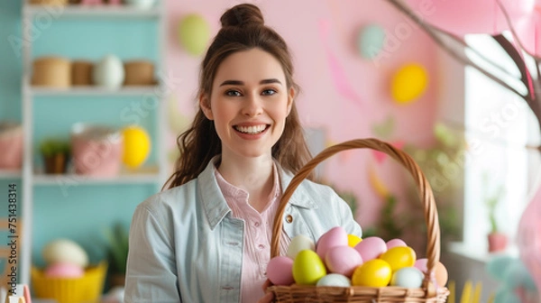Obraz A cheerful businesswoman with a basket filled with colorful eggs, surrounded by festive decorations in an Easter-themed office decorated in pastel colors
