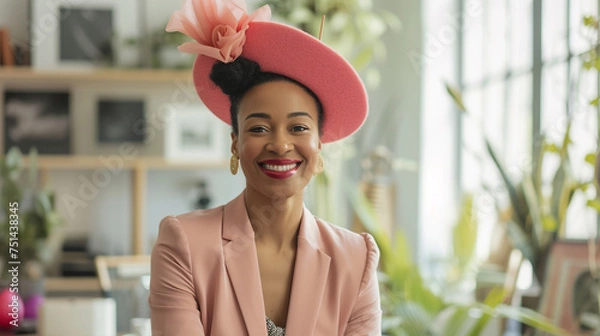 Obraz  A confident businesswoman at a chic office, grinning and sporting an Easter bonnet, discussing business strategie