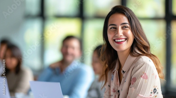 Obraz A corporate leader captivates the audience with a charming and sincere smile during an Easter-themed presentation
