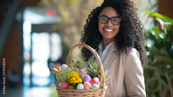 Obraz  A sunny office lobby depicts a contented entrepreneur carrying an Easter basket brimming with goodies for her peers