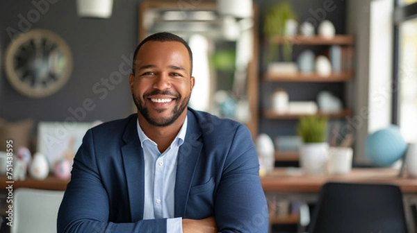 Obraz An image shows a cheerful executive discussing business strategies with confidence and a positive attitude in an office with an Easter theme