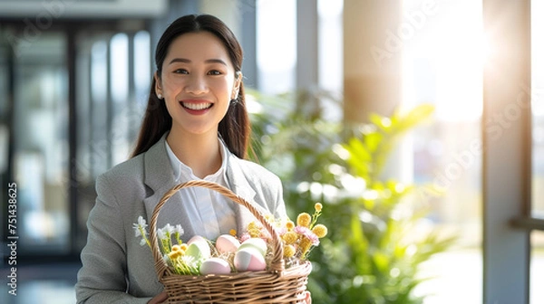 Obraz An image shows a contented entrepreneur in a brightly lighted office foyer, carrying an Easter basket full of goodies for her coworkers