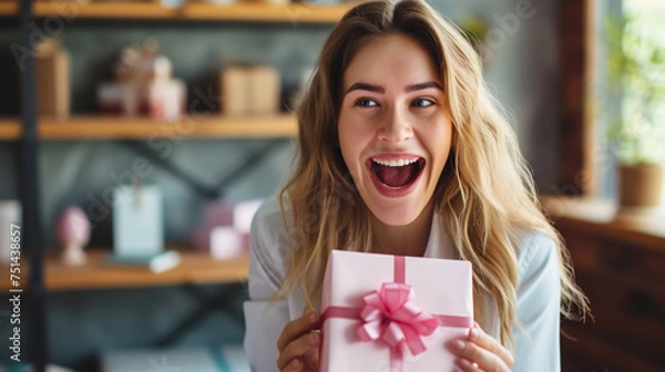 Obraz Authentic happiness on the face of a contented businesswoman who receives an Easter surprise gift from a colleague