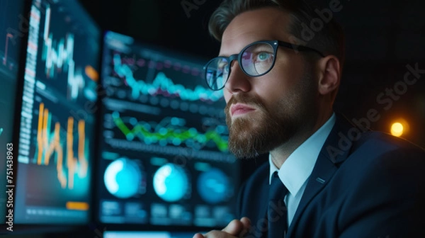Obraz Corporate leader analyzing market trends, making strategic decisions with confidence
