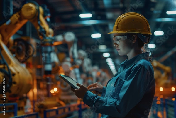 Fototapeta An engineer uses a digital tablet to control a robotic arm in a high-tech industrial environment.