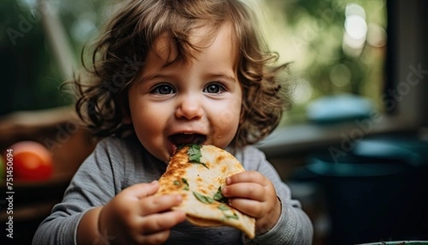 Fototapeta A young child is sitting and happily eating a slice of pizza with cheese, sauce, and toppings. The childs mouth is open, taking a bite of the pizza, while holding the crust with their hands