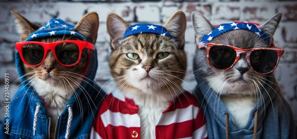 Obraz Three fashion-forward cats sporting American flag bandanas and sunglasses in front of a brick wall