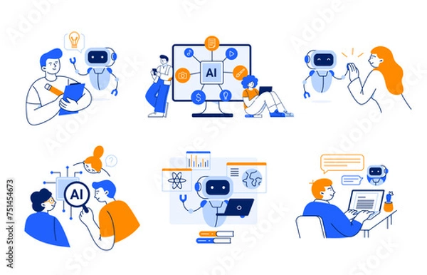Fototapeta People interact with artificial intelligence apps. AI technology helps with productivity work and study in the modern world. Vector flat illustrations isolated on a white background.