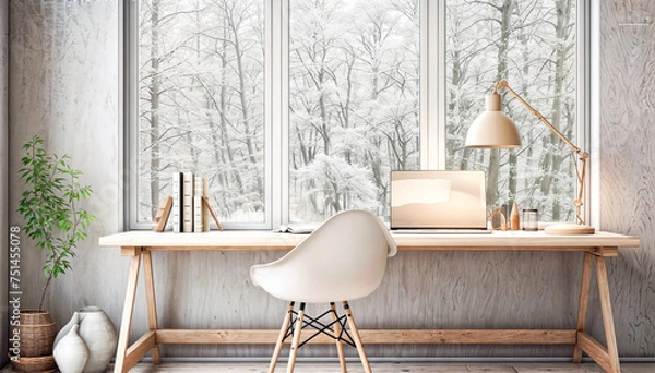 Fototapeta Interior of modern home office with wooden table, chair and window with winter landscape