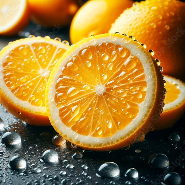 Fototapeta Macro shot of sliced lemons with shiny water drops perfect for cooking promotion