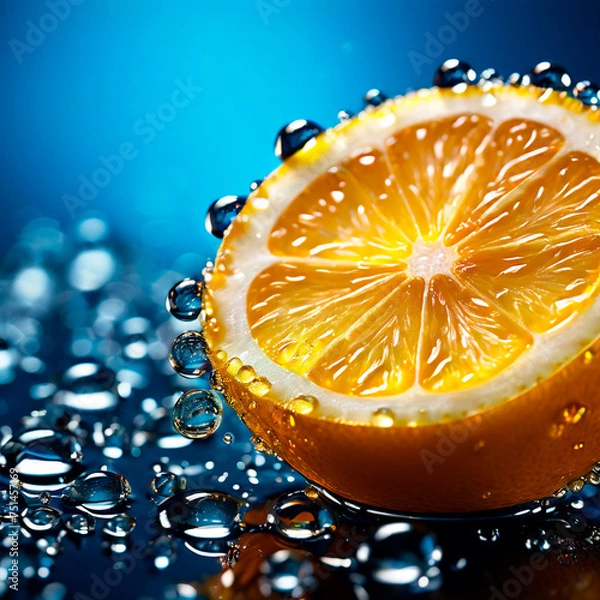 Fototapeta Macro shot of sliced lemons with shiny water drops perfect for cooking promotion