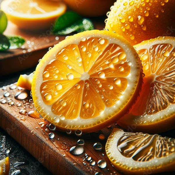 Fototapeta Macro shot of sliced lemons with shiny water drops perfect for cooking promotion