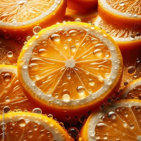Fototapeta Macro shot of sliced lemons with shiny water drops perfect for cooking promotion