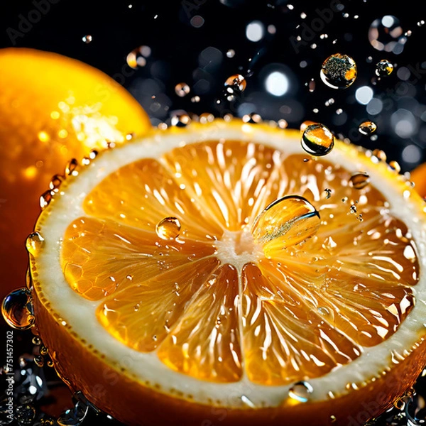 Fototapeta Macro shot of sliced lemons with shiny water drops perfect for cooking promotion