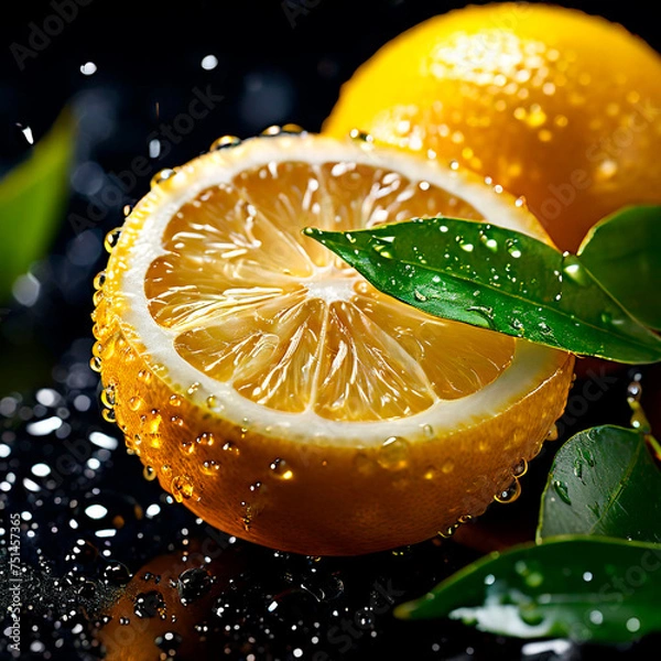 Fototapeta Macro shot of sliced lemons with shiny water drops perfect for cooking promotion