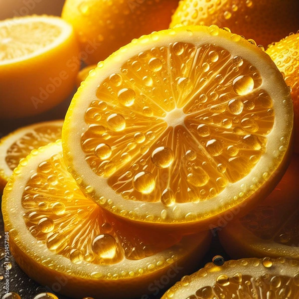 Fototapeta Macro shot of sliced lemons with shiny water drops perfect for cooking promotion
