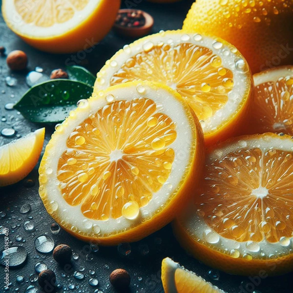 Fototapeta Macro shot of sliced lemons with shiny water drops perfect for cooking promotion