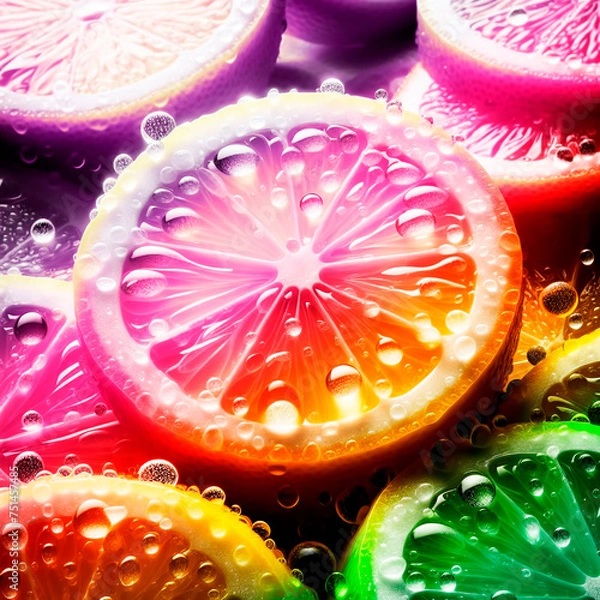 Fototapeta Macro shot of sliced lemons with shiny water drops perfect for cooking promotion