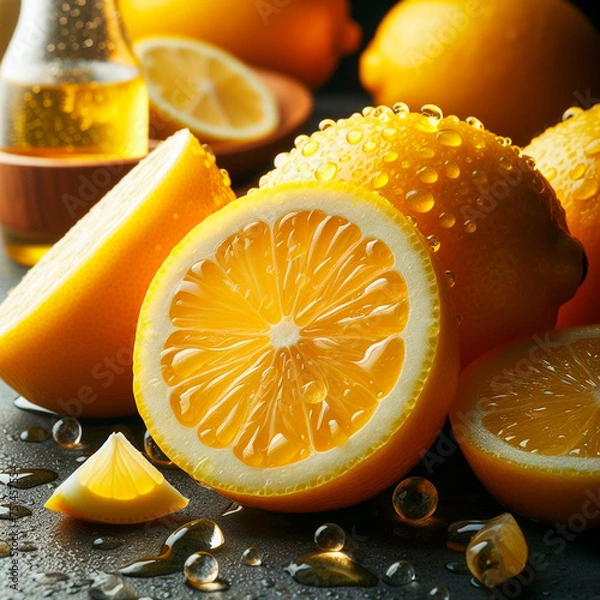 Fototapeta Macro shot of sliced lemons with shiny water drops perfect for cooking promotion