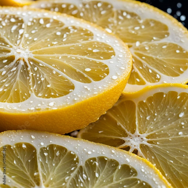 Fototapeta Macro shot of sliced lemons with shiny water drops perfect for cooking promotion