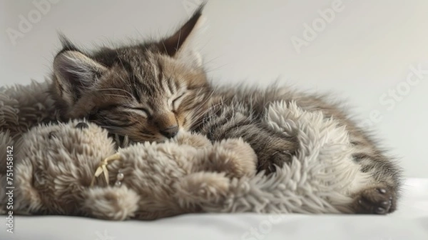 Fototapeta whisker cuddles: a tabby kitten's tender moments with its plush friend
