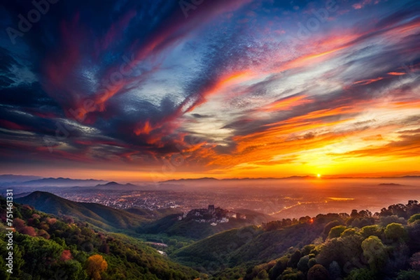 Fototapeta panoramic view of the setting sun