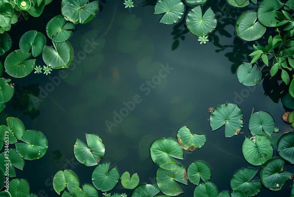 Obraz Top view of lily pads on a tranquil water surface, suitable for nature themes.