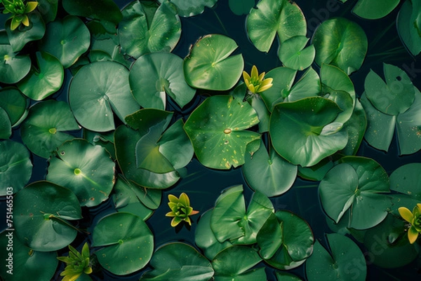Fototapeta Top view of green lily pads and yellow flowers in a pond.