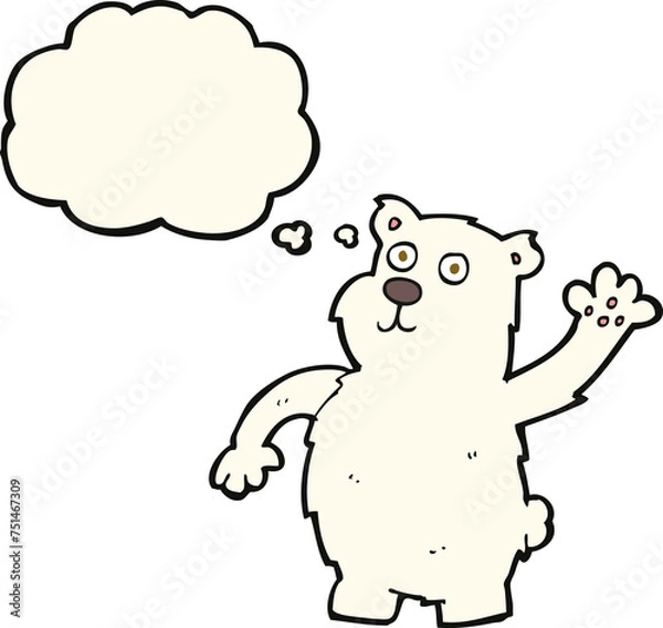Obraz cartoon waving polar bear with thought bubble