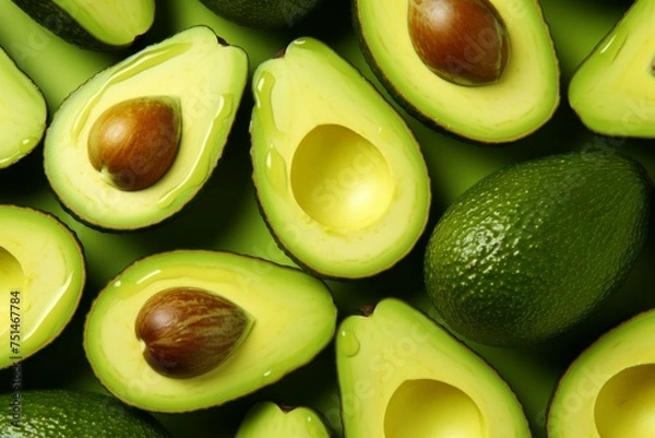 Obraz Many fresh ripe avocados on pastel background,top view  food concept Generative Ai.