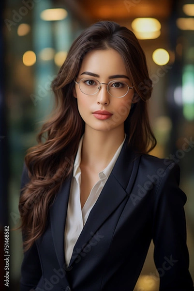 Fototapeta Vertical portrait of young asian business woman in the office with glasses